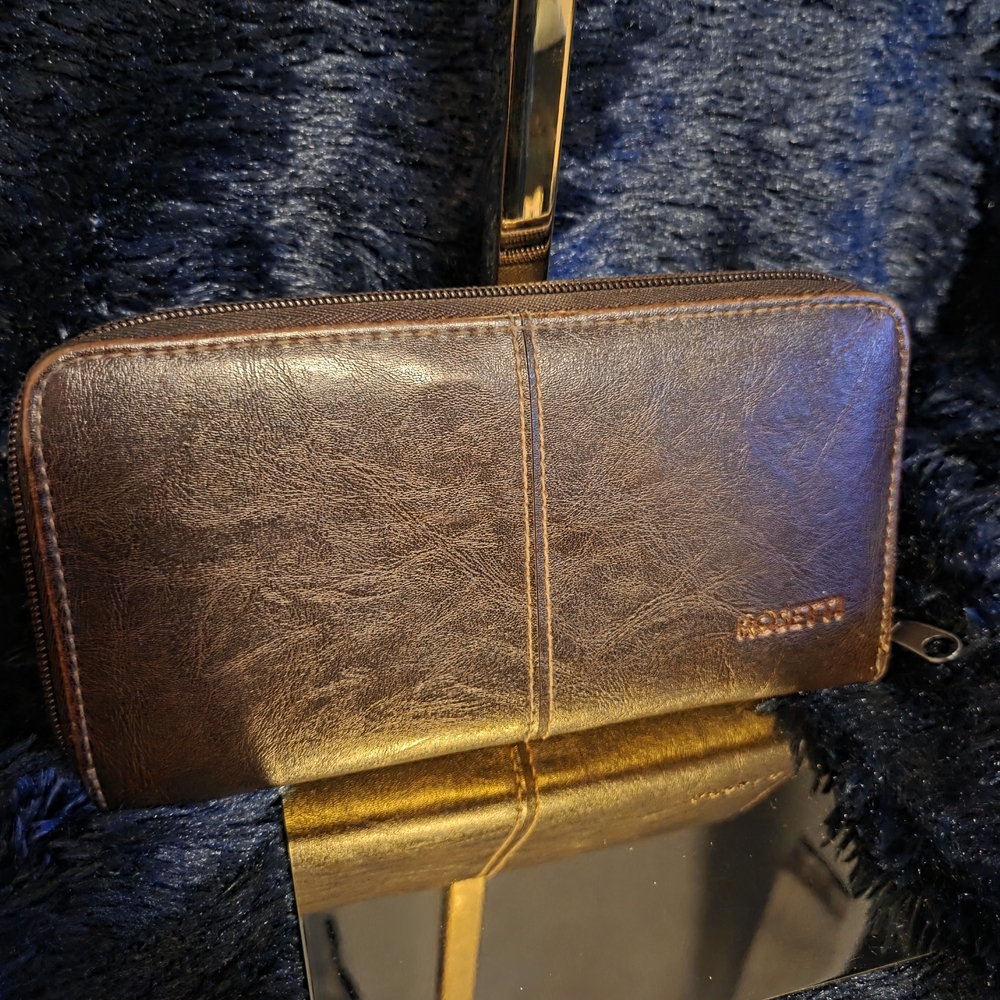 Vintage Rosetti Brown Leather Checkbook Wallet Zip Around Organizer